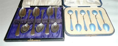 Lot 156 - Silver and enamel spoons and cased silver teaspoons