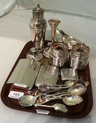 Lot 165 - A silver sugar sifter, sauce boat, vesta case, cigarette case, spoons, a plated hip flask, etc