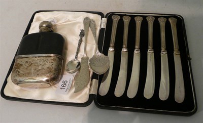 Lot 166 - Silver hip flask, silver handled tea knives, etc