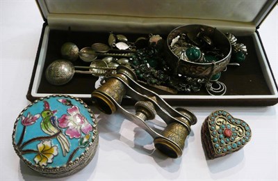Lot 172 - A silver necklace, matching pendant and earrings, opera glasses, spoons, a bangle, white metal vase