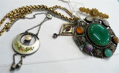 Lot 176 - Silver brooch, 15ct gold bar brooch, silver and enamel pendant necklace, etc