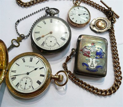 Lot 177 - A 9ct fob watch, plated pocket watch, silver pocket watch and a silver vesta case
