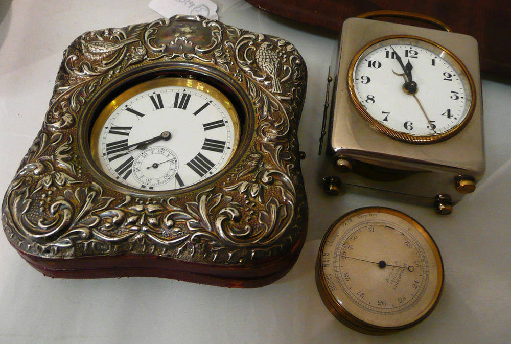 Lot 262 - A plated travelling watch in silver mounted case, pocket barometer and nickel-cased travel...