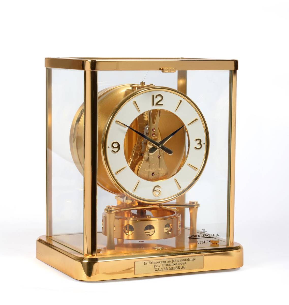 Lot 851 - An Atmos Clock, signed Jaeger LeCoultre, calibre 540, circa 1995, white dial with Arabic and...