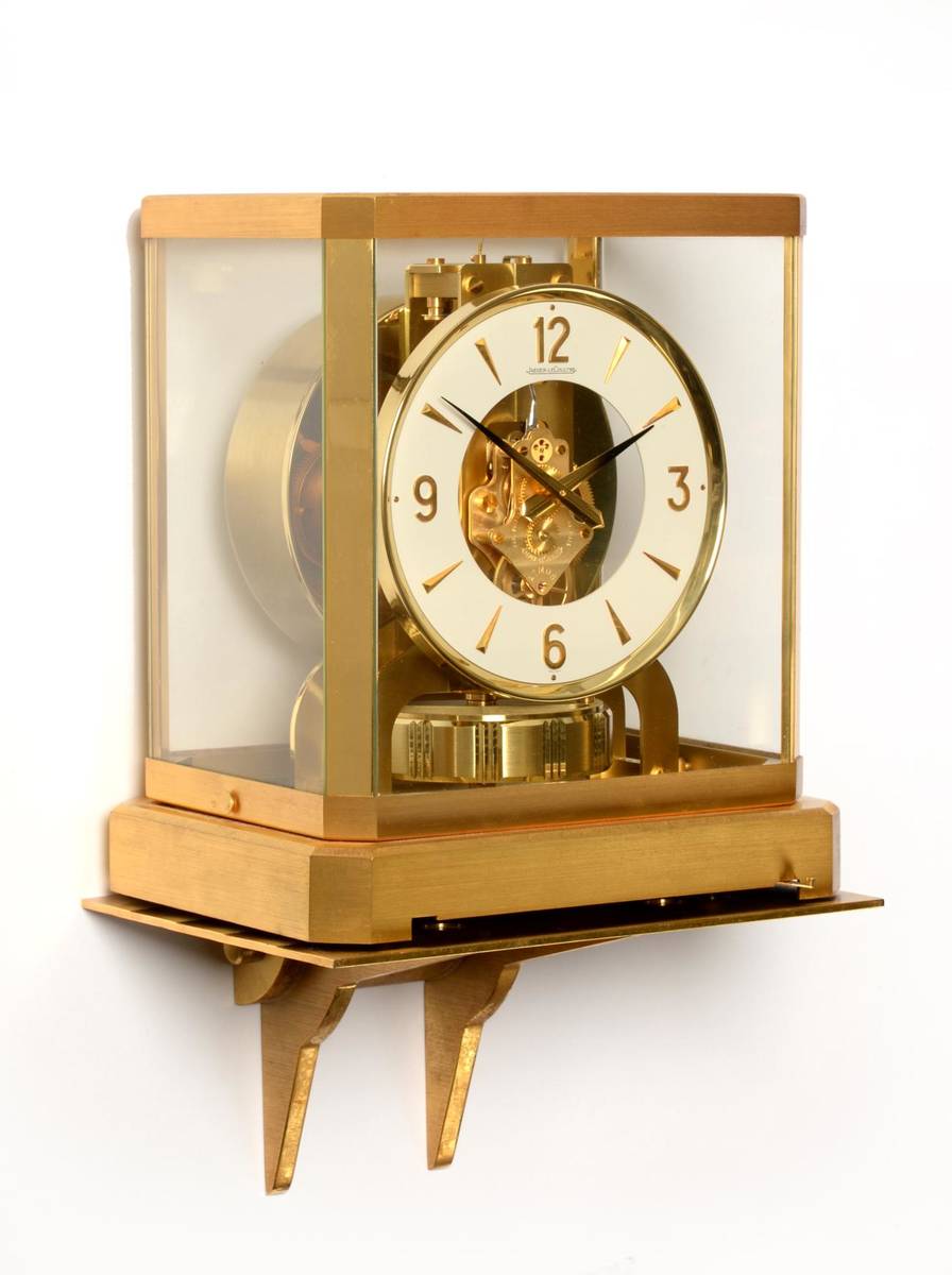 Lot 859 - An Atmos Clock, signed Jaeger LeCoultre, calibre 528, 20th century, white dial with Arabic and...