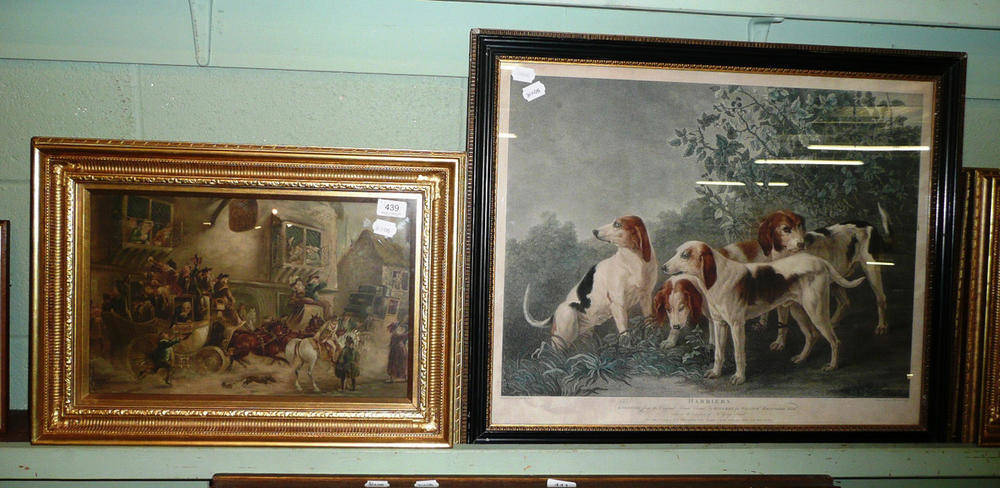 Lot 439 - Framed print after Hackert titled 'Harriers' and six framed prints of coaching scenes