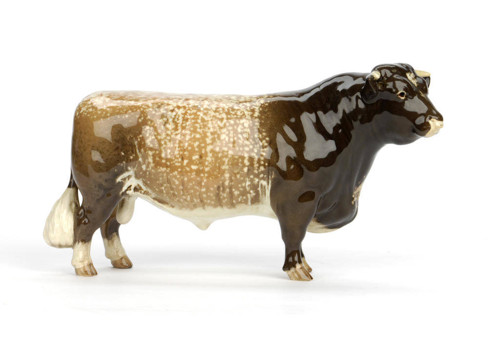 Lot 1076 - Beswick Dairy Shorthorn Bull Ch. 'Gwersylt Lord Oxford 74th', model No. 1504, brown with cream...