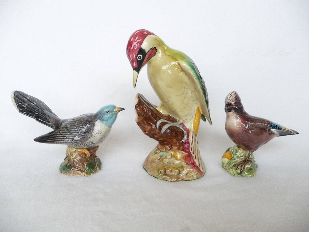 Lot 1085 - Beswick Green Woodpecker, model No. 1218B, green, cream and red gloss, 22.9cm high; Jay, model...