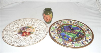 Lot 3 - Wedgwood plate decorated with flowers signed J Bailey and a Moorcroft coral hibiscus squat vase (2)