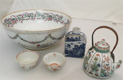 Lot 15 - Samson of Paris bowl, Chinese wine kettle and cover, Chinese blue and white tea caddy and two...