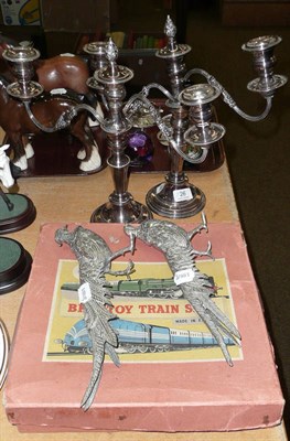 Lot 26 - Boxed Brimtoys train set, a pair of plated candelabra and a pair of plated pheasants