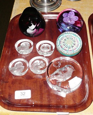 Lot 32 - Kosta glass paperweight four smaller and two Caithness glass paperweights and a Perthshire...