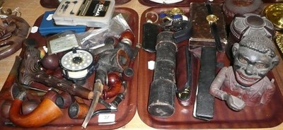 Lot 37 - Mixed collectables including two telescopes, quantity of pipes, money box, five watches, two...