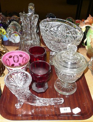 Lot 44 - Cut glass oval pedestal dish on stand, etched glass pedestal dish and cover, cut glass jug,...