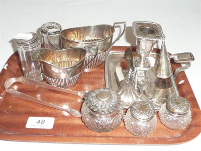 Lot 48 - Plated chamberstick, assorted silver mounted glass dressing table bottles, a pair of Georgian...