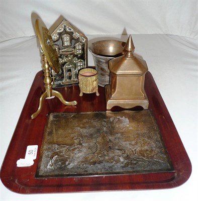 Lot 50 - Etching plate titled 'L'Automne', brass mounted 'Bank' moneybox, brass tobacco jar and cover...