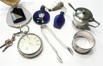 Lot 53 - Silver pocket watch with Chester hallmark, silver napkin ring, silver mustard, scent bottles, etc