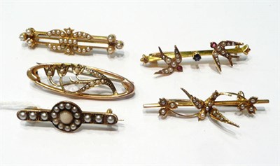 Lot 57 - Five early 20th century bar brooches set with seed pearls (5)