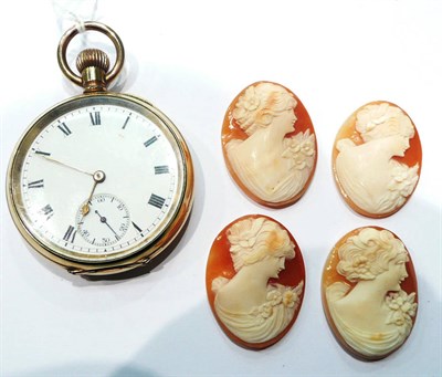 Lot 69 - A gold plated pocket watch and four loose cameos