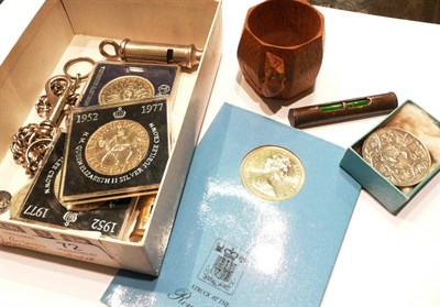 Lot 72 - Mouseman napkin ring, cased compass, small brass level, ARP whistle and various coins, etc
