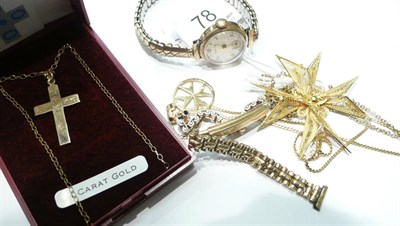 Lot 78 - A lady's 9ct gold-cased 'Helvetia' wristwatch, a filigree Maltese cross on chain, a pendant on...