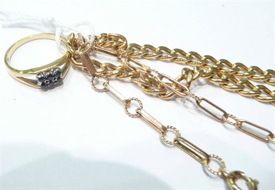Lot 86 - An 18ct gold sapphire dress ring, a 9ct gold fancy link bracelet and a curb and lock bracelet