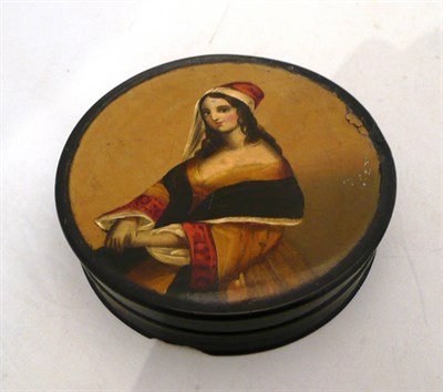 Lot 124 - A Victorian papier-mache snuff box, the outer lid removing to reveal a 'secret' inner lid decorated