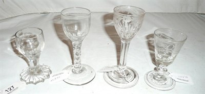 Lot 127 - Two Georgian cordial glasses, a firing glass and another (4)