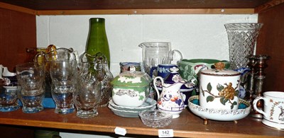 Lot 142 - Two shelves of assorted decorative ceramics, glassware and pottery, etc
