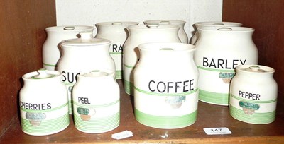 Lot 147 - Collection of named green-striped Sadlers 'Kleen' kitchen storage jars