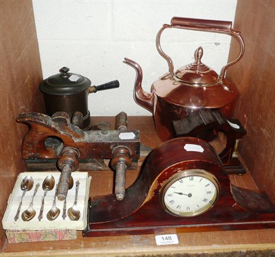Lot 148 - Copper kettle, moulding plane, mantel clock, etc