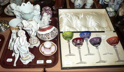 Lot 171 - Case including five coloured hock glasses and a tray of assorted decorative Continental...