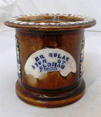 Lot 174 - A Bargeware tobacco jar inscribed Mr Nolan, Avon Street, Oldham 1893 (lacking cover)