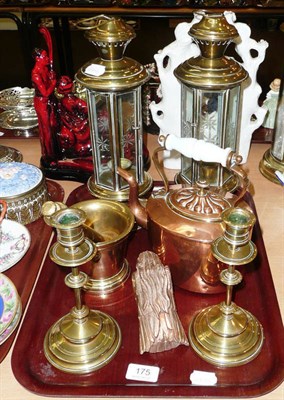 Lot 175 - Copper kettle, a pair of brass lamps, brass pestle and mortar, pair of brass candlesticks, etc