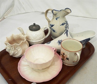 Lot 178 - Belleek squat vase, pink ground cup and saucer, Worcester shoe, 18th century blue and white...
