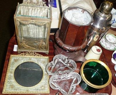Lot 181 - Gilt metal-mounted glass table display cabinet, gilt metal-mounted frame, mahogany pedestal, etc