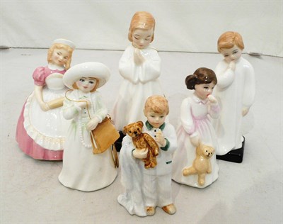 Lot 185 - Six Royal Doulton figures; Sleepy Head, Daddy's Girl, Darling, Bedtime, Cookie and Almost Grown