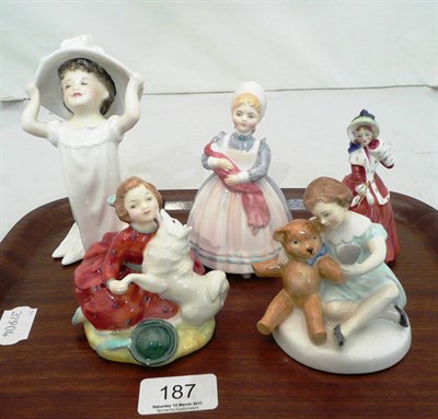 Lot 187 - Five Royal Doulton figures; Christmas Morn, Make Believe, My Teddy, The Rag Doll, Home Again