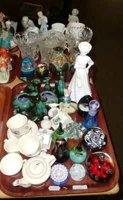 Lot 190 - Two trays of assorted decorative ceramics and glassware, Coalport figure, glass paperweights,...
