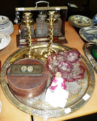 Lot 196 - Pair of brass candlesticks, oak three bottle tantalus, Worcester china figure, Eastern plaque, etc