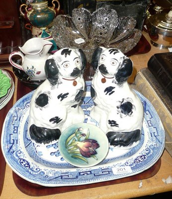 Lot 201 - Pair of Staffordshire dogs, Moorcroft dish, glass tazza, blue and white meat dish, bowl and...