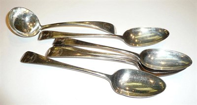 Lot 237 - Five Old English pattern tablespoons and a sauce ladle, 12oz