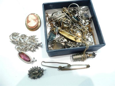 Lot 242 - A charm bracelet, assorted brooches, a cameo brooch and marcasite jewellery