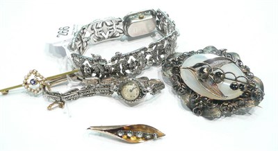 Lot 266 - A sapphire and seed pearl bar brooch '15', two silver marcasite watches, a Victorian chalcedony...