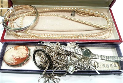 Lot 267 - Assorted silver jewellery including a charm bracelet, simulated pearls and costume jewellery