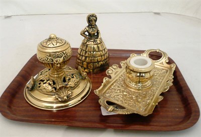 Lot 281 - A Victorian brass inkwell, an inkwell in the form of a woman and an inkstand
