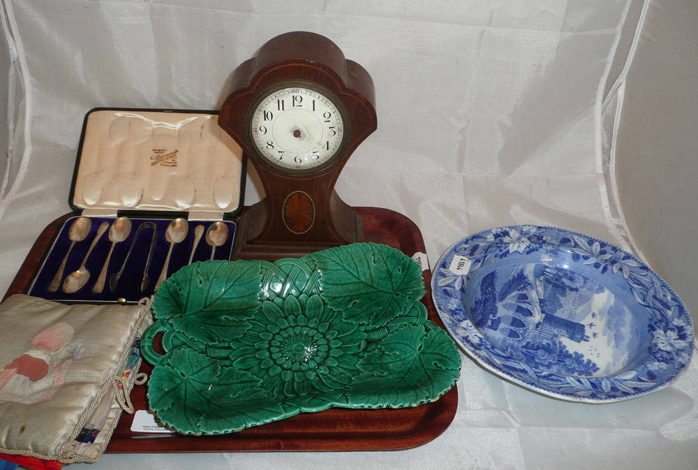 Lot 9 - A set of six silver teaspoons, Edwardian mantel clock, Spode bowl etc