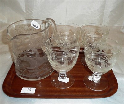 Lot 10 - Four engraved glasses and a matching jug engraved with hunting scene signed W G Webb