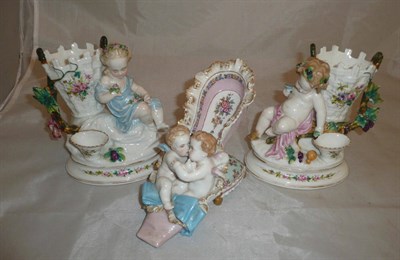 Lot 44 - A Dresden slipper vase and a pair of French figural vases (3)