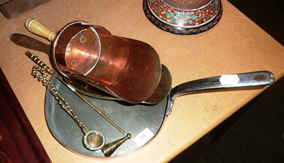 Lot 51 - Two shovels, a copper pan and two snuffers